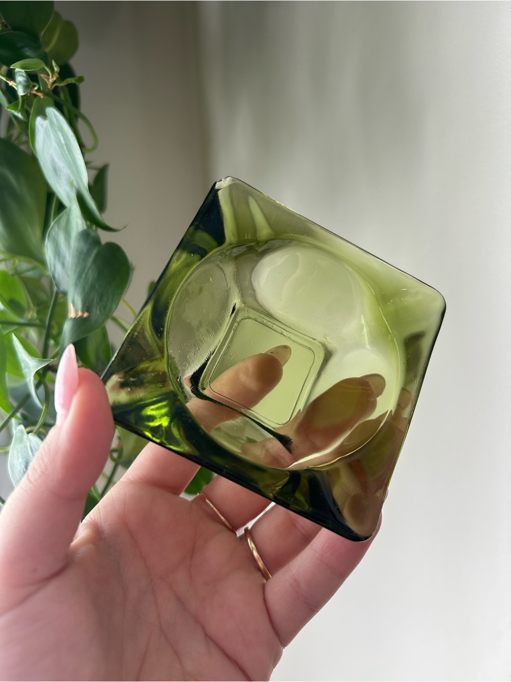Vintage Green Glass Ashtray / Trinket Dish